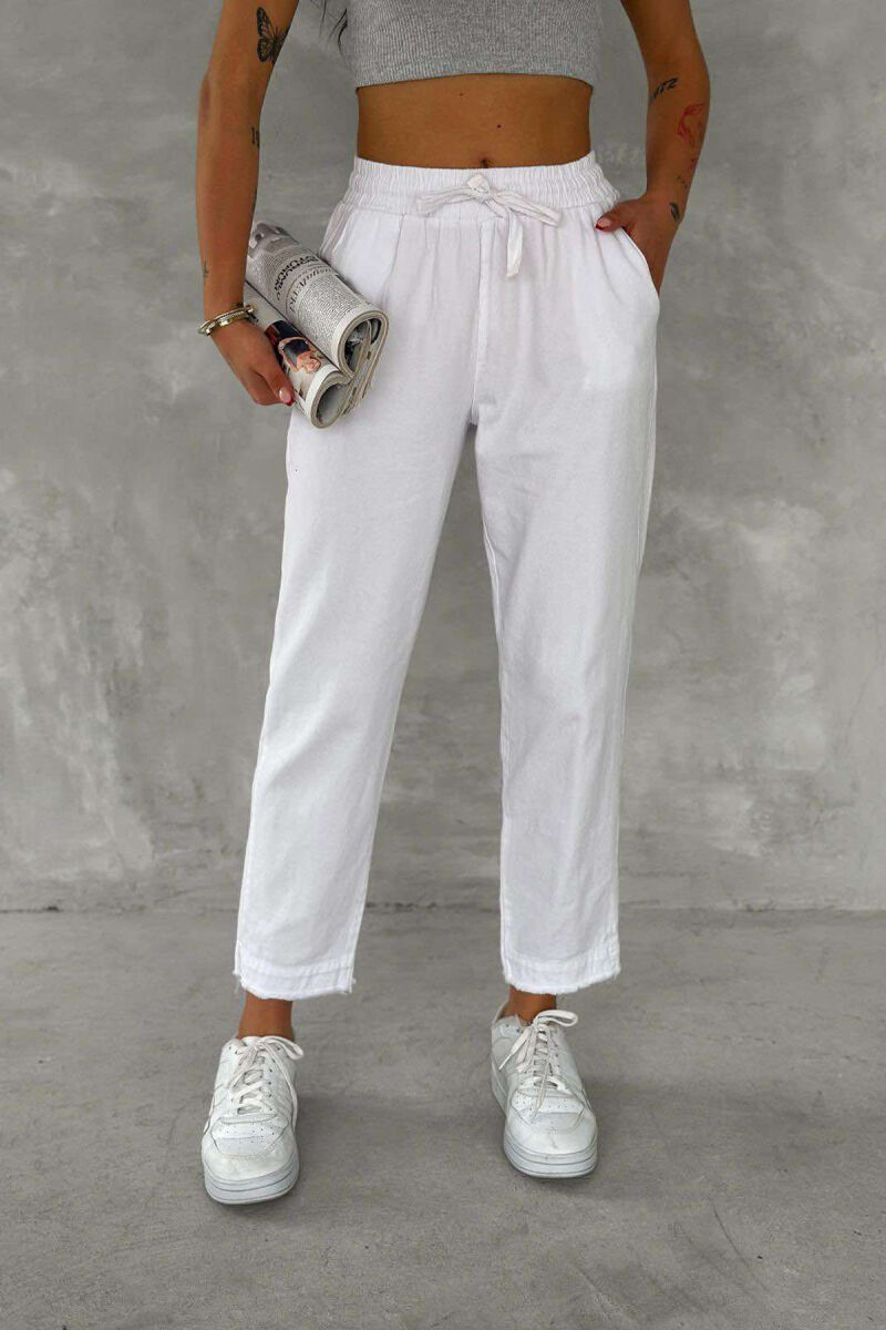 ELASTIC WAIST LACINGS ONE COLOR WOMEN TROUSERS WHITE-E BARDHE - 4