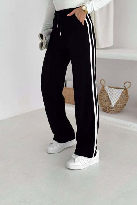 ELASTIC WAIST LACINGS STRIPED WOMEN SWEATPANTS BLACK/ E ZEZE - 2