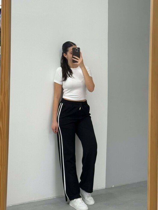 ELASTIC WAIST LACINGS STRIPED WOMEN SWEATPANTS BLACK/ E ZEZE - 2