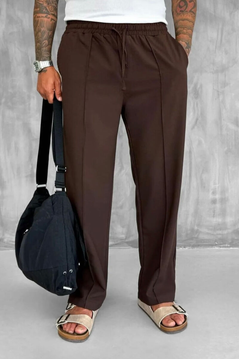 ELASTIC WAIST LACINGS WIDE LEG MEN PANTS BROWN/KAFE - 1