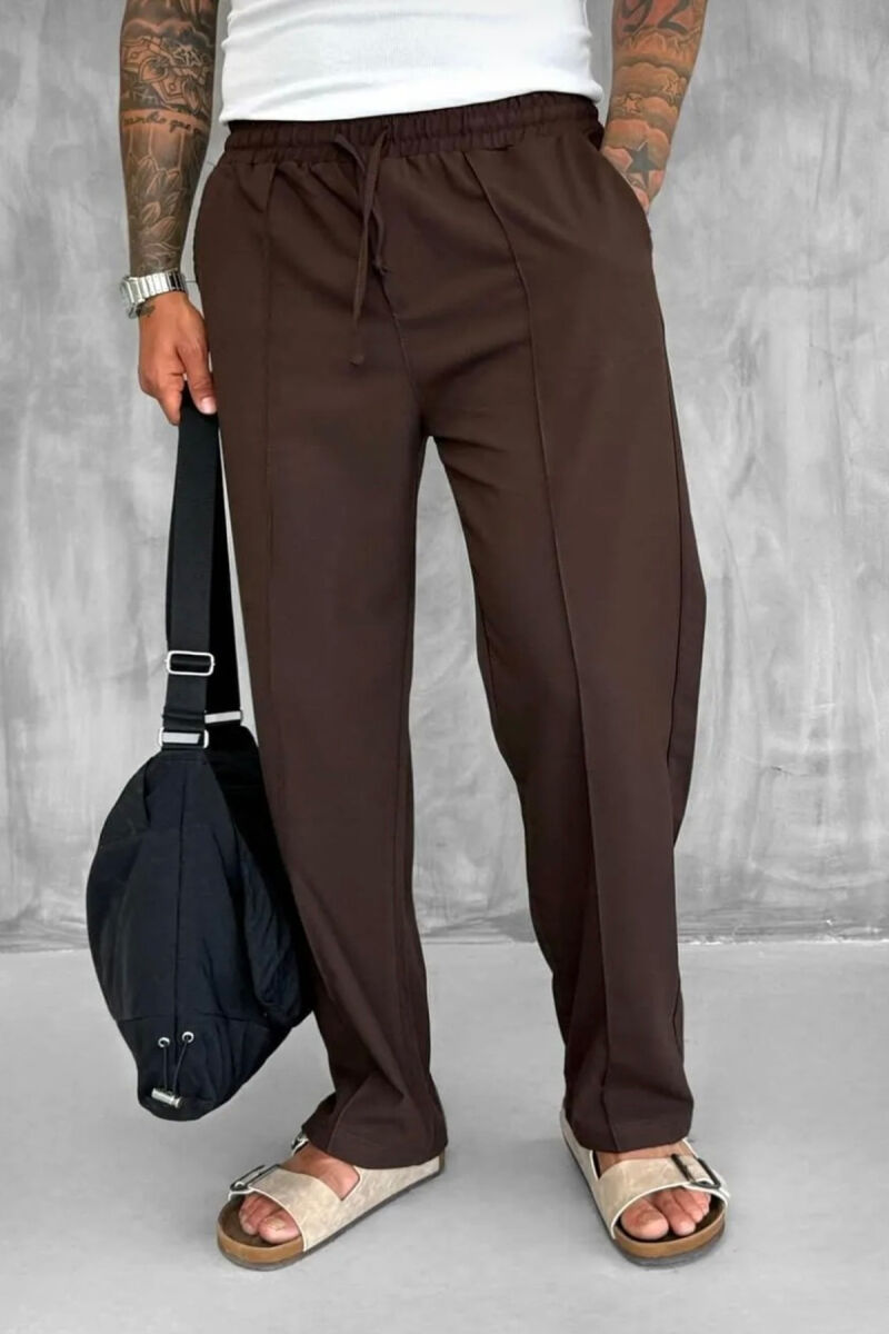 ELASTIC WAIST LACINGS WIDE LEG MEN PANTS BROWN/KAFE - 2