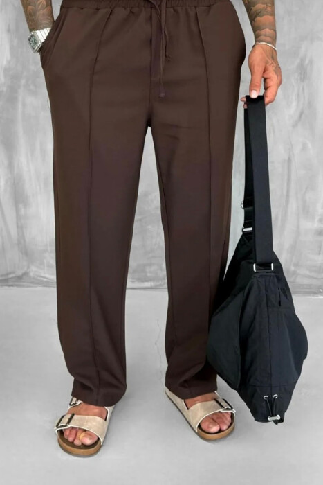 ELASTIC WAIST LACINGS WIDE LEG MEN PANTS BROWN/KAFE - 3