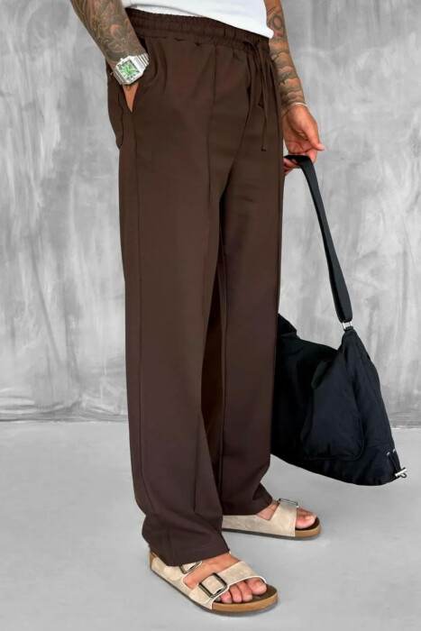 ELASTIC WAIST LACINGS WIDE LEG MEN PANTS BROWN/KAFE - 4