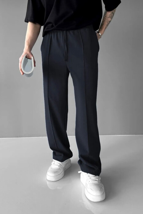 ELASTIC WAIST LACINGS WIDE LEG MEN PANTS DARK BLUE/BEE - 1