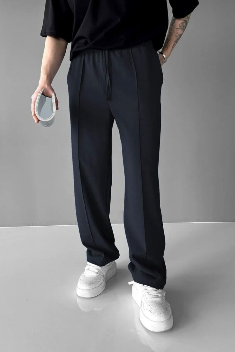ELASTIC WAIST LACINGS WIDE LEG MEN PANTS DARK BLUE/BEE - 1