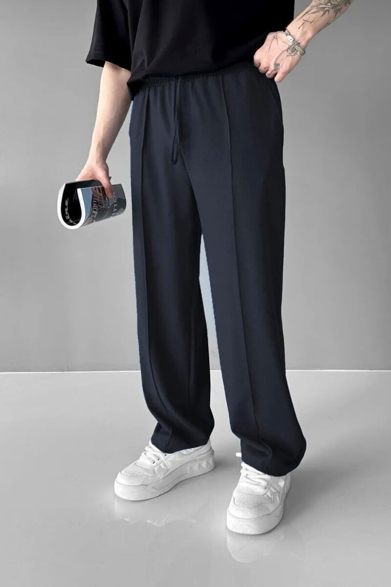 ELASTIC WAIST LACINGS WIDE LEG MEN PANTS DARK BLUE/BEE - 2