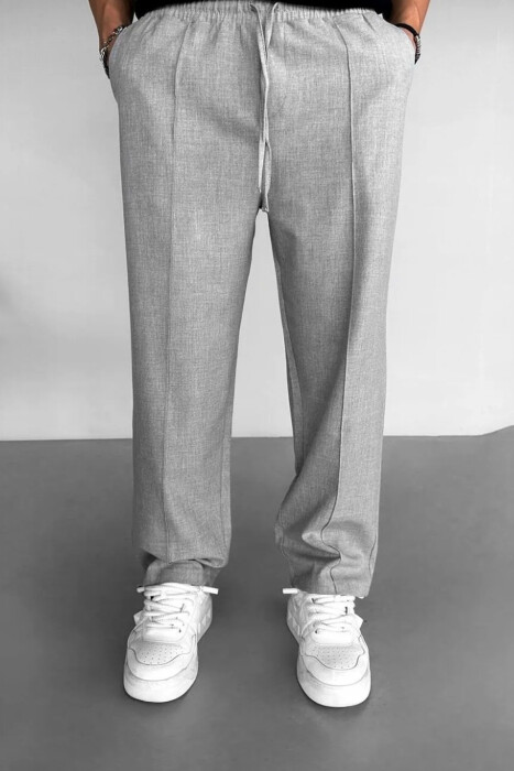 ELASTIC WAIST LACINGS WIDE LEG MEN PANTS LIGHT GREY/GZ - 1