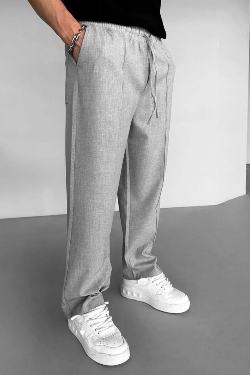 ELASTIC WAIST LACINGS WIDE LEG MEN PANTS LIGHT GREY/GZ - 2