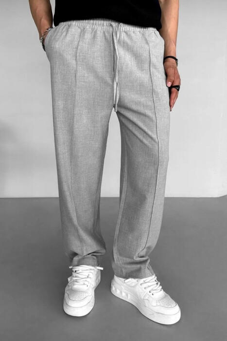 ELASTIC WAIST LACINGS WIDE LEG MEN PANTS LIGHT GREY/GZ - 3