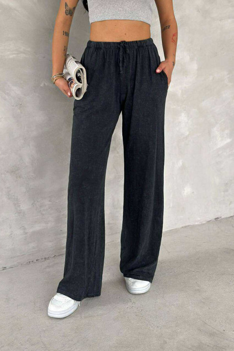 ELASTIC WAIST LACINGS WIDE LEG WOMEN TROUSERS DARK GREY/GEE - 15