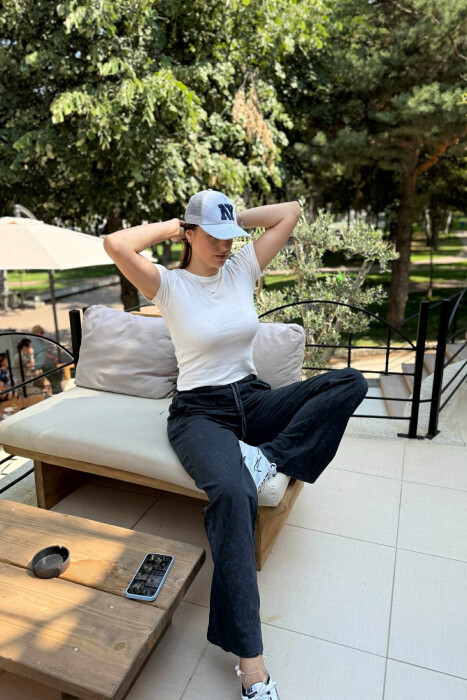 ELASTIC WAIST LACINGS WIDE LEG WOMEN TROUSERS DARK GREY/GEE - 8