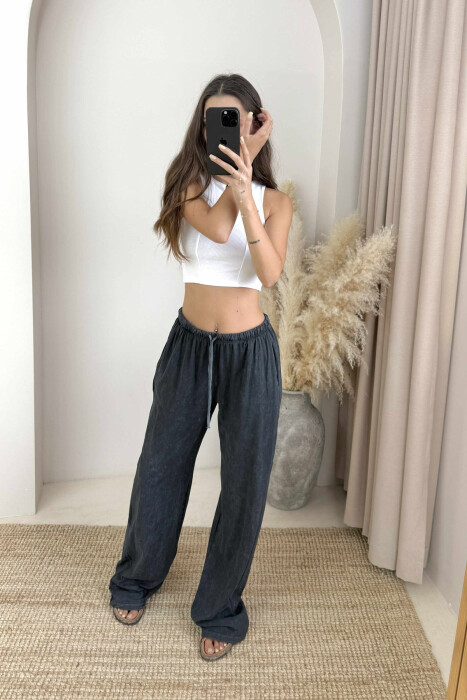 ELASTIC WAIST LACINGS WIDE LEG WOMEN TROUSERS DARK GREY/GEE - 7