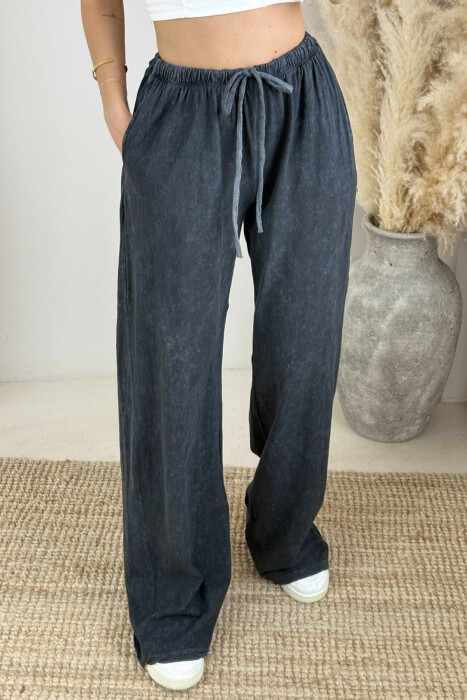 ELASTIC WAIST LACINGS WIDE LEG WOMEN TROUSERS DARK GREY/GEE - 14