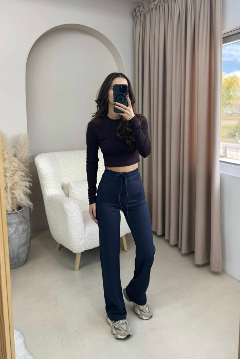 ELASTIC WAIST LACINGS WOMEN SWEATPANTS DARK BLUE/BEE - KLAUDIO FASHION