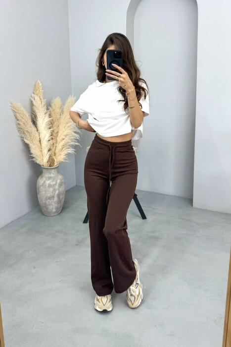 ELASTIC WAIST LACINGS WOMEN SWEATPANTS DARK BROWN/KAE - 1