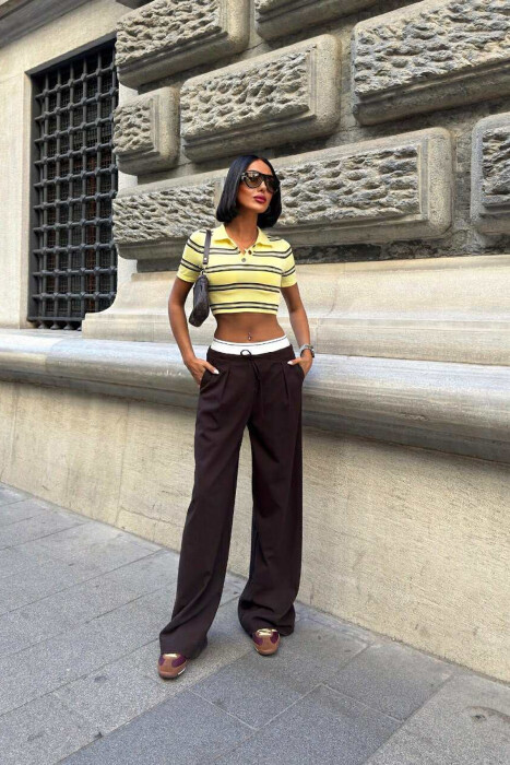 PANTALLONA ME BEL ELASTIK&LIDHËSE PËR FEMRA NË NGJYRË KAFE TË ERRËT - KLAUDIO FASHION