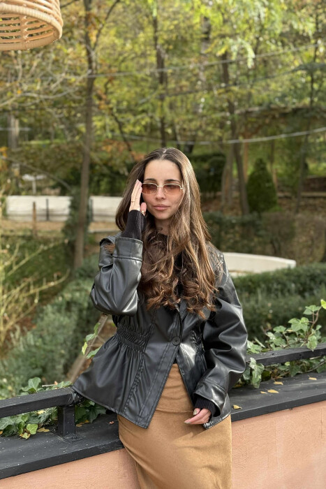 ELASTIC WAIST LEATHER ONE COLOR WOMEN JACKET BLACK/ E ZEZE - 2