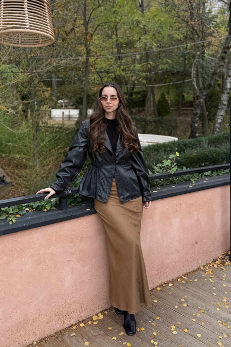 XHAKETË NJË NGJYRËSHE LËKURE ME BEL ELASTIK PËR FEMRA NË NGJYRË TË ZEZË - KLAUDIO FASHION