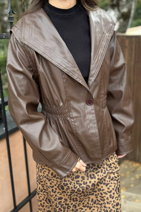 ELASTIC WAIST LEATHER ONE COLOR WOMEN JACKET BROWN/KAFE - 2