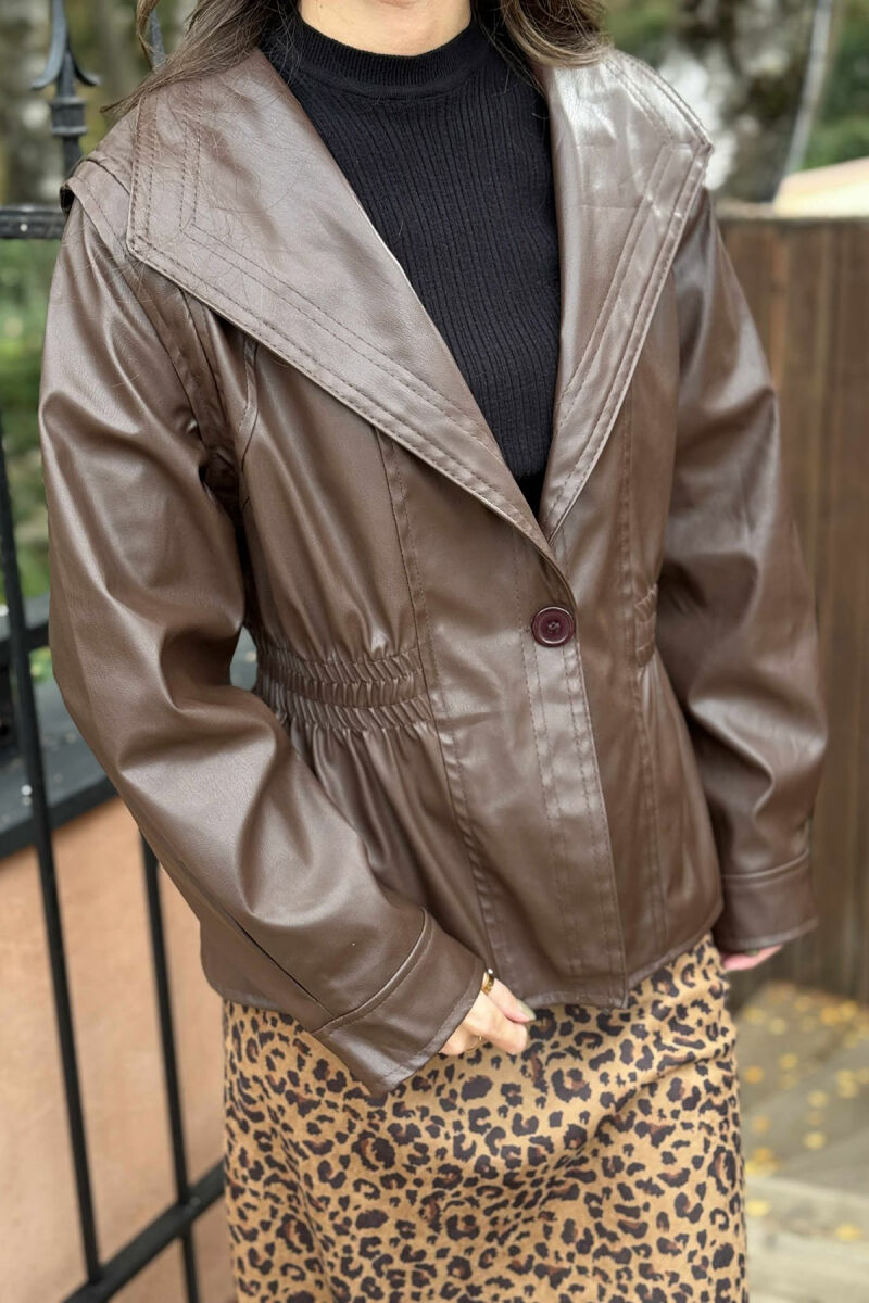 ELASTIC WAIST LEATHER ONE COLOR WOMEN JACKET BROWN/KAFE - 2