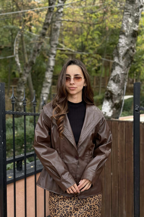 ELASTIC WAIST LEATHER ONE COLOR WOMEN JACKET BROWN/KAFE - 3