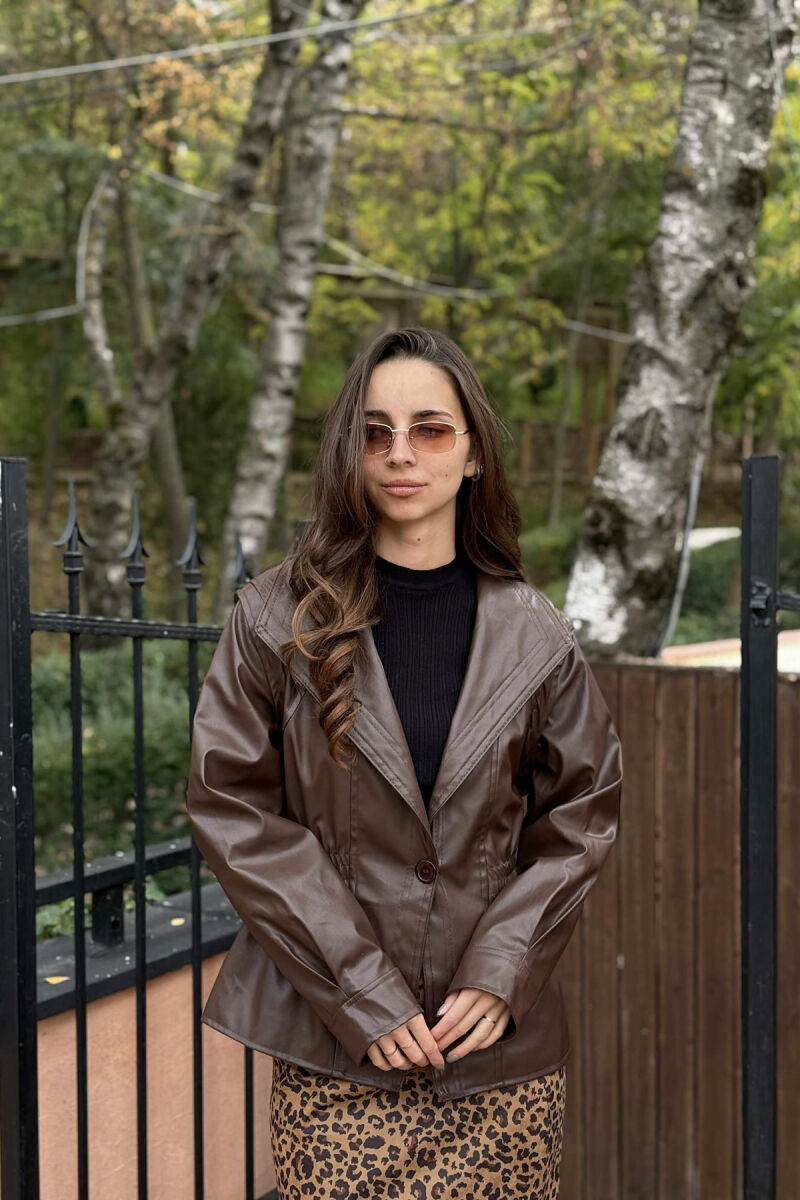 ELASTIC WAIST LEATHER ONE COLOR WOMEN JACKET BROWN/KAFE - 3