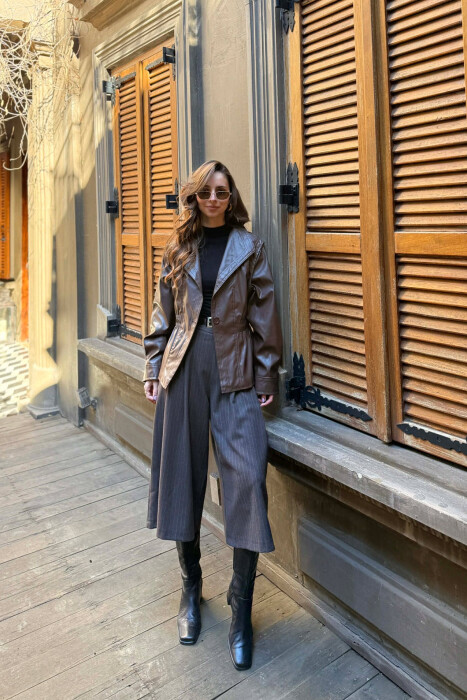 ELASTIC WAIST LEATHER ONE COLOR WOMEN JACKET BROWN/KAFE - 2