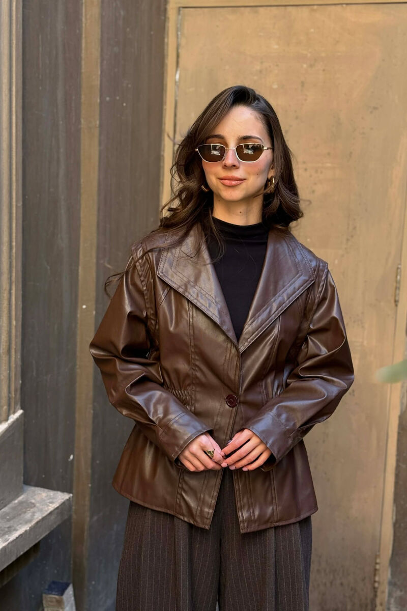 ELASTIC WAIST LEATHER ONE COLOR WOMEN JACKET BROWN/KAFE - 1