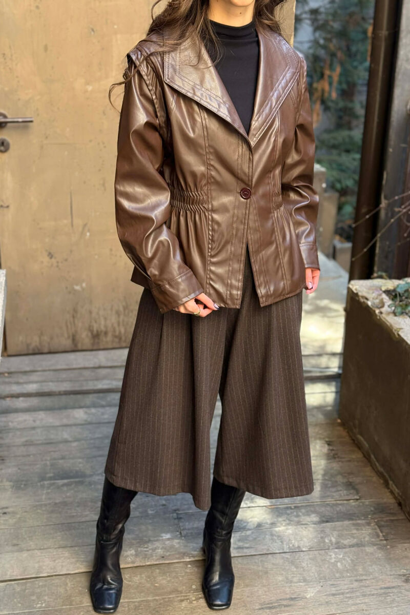 ELASTIC WAIST LEATHER ONE COLOR WOMEN JACKET BROWN/KAFE - 3