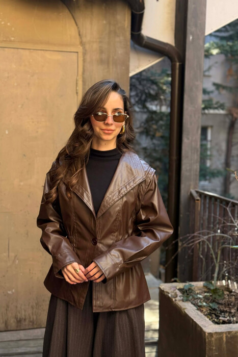 ELASTIC WAIST LEATHER ONE COLOR WOMEN JACKET BROWN/KAFE - 4