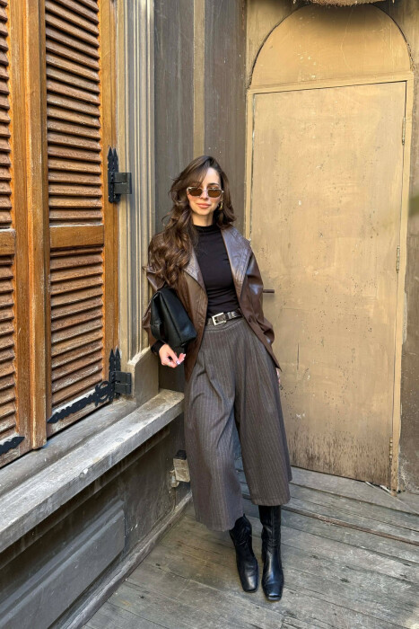ELASTIC WAIST LEATHER ONE COLOR WOMEN JACKET BROWN/KAFE - 5
