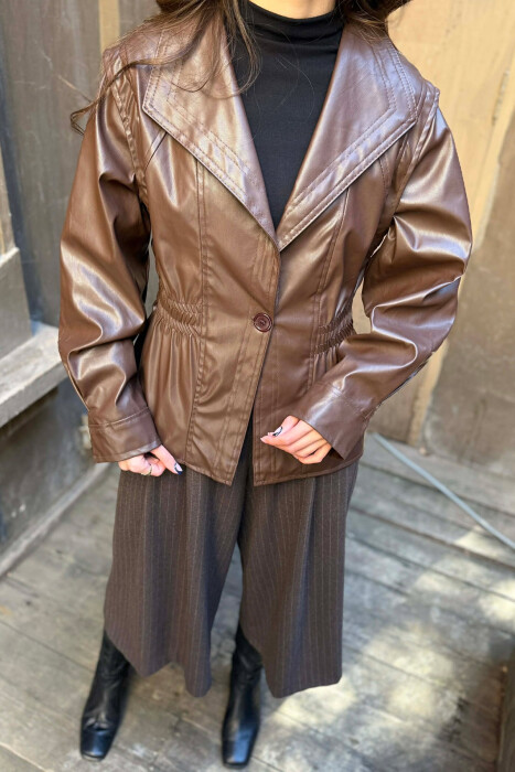 ELASTIC WAIST LEATHER ONE COLOR WOMEN JACKET BROWN/KAFE - 6