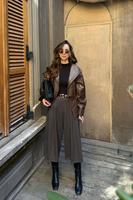 ELASTIC WAIST LEATHER ONE COLOR WOMEN JACKET BROWN/KAFE - 7