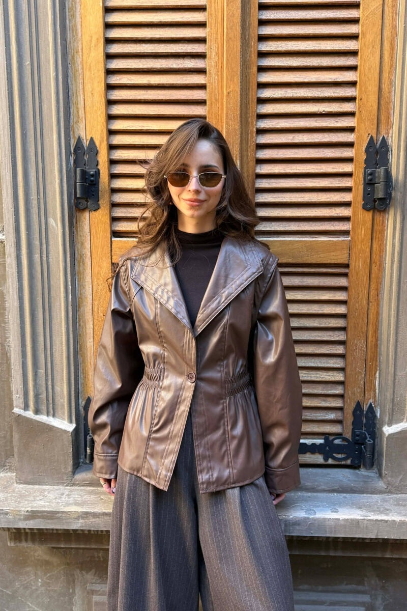 ELASTIC WAIST LEATHER ONE COLOR WOMEN JACKET BROWN/KAFE - 8