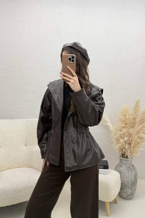 ELASTIC WAIST LEATHER ONE COLOR WOMEN JACKET DARK BROWN/KAE - KLAUDIO FASHION