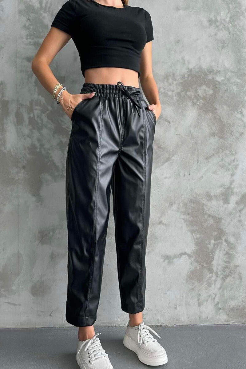 ELASTIC WAIST LEATHER WOMEN TROUSERS BLACK/ E ZEZE - 1