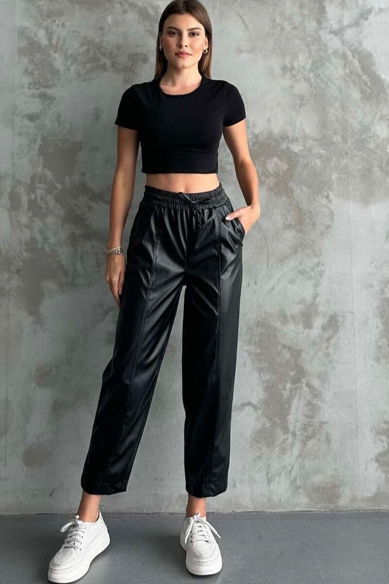 ELASTIC WAIST LEATHER WOMEN TROUSERS BLACK/ E ZEZE - 3