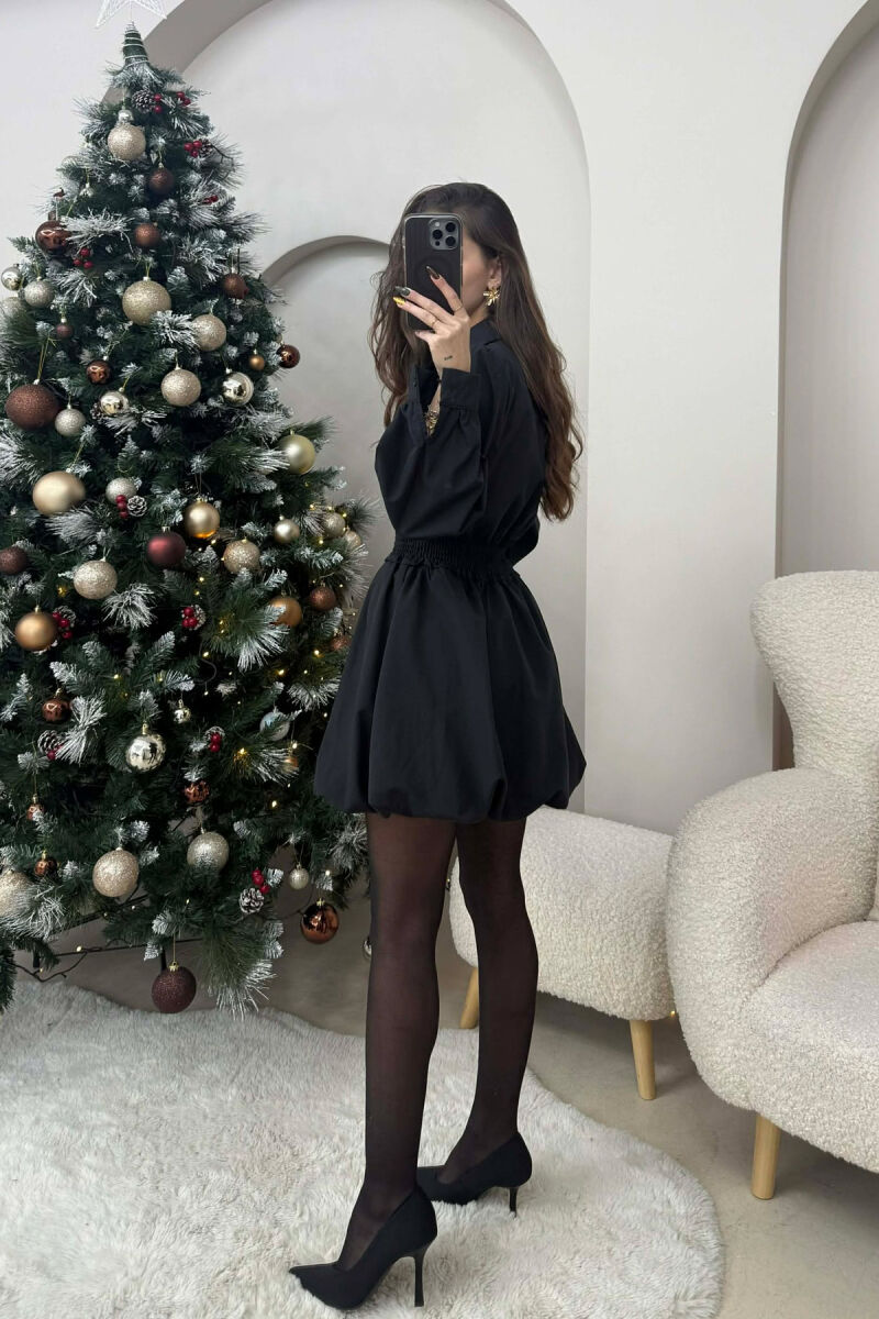 ELASTIC WAIST LONG SLEEVES SHORT WOMEN DRESS BLACK/ E ZEZE - 3