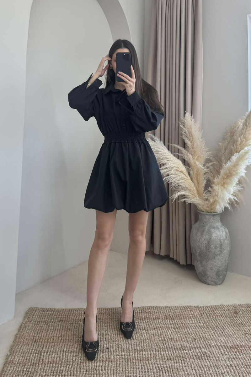 ELASTIC WAIST LONG SLEEVES SHORT WOMEN DRESS BLACK/ E ZEZE - 1