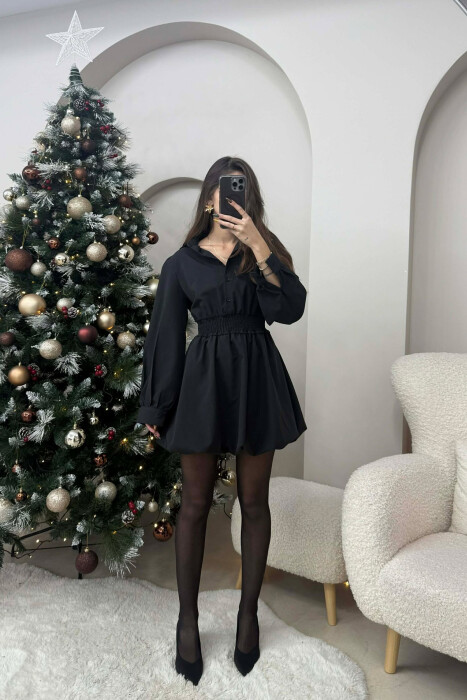 ELASTIC WAIST LONG SLEEVES SHORT WOMEN DRESS BLACK/ E ZEZE 