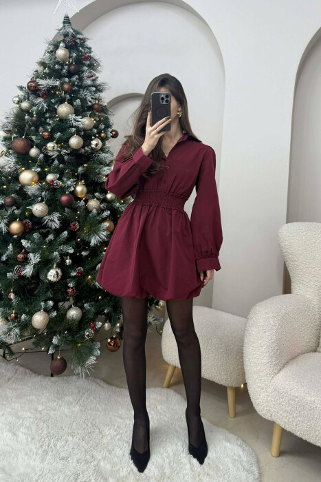 ELASTIC WAIST LONG SLEEVES SHORT WOMEN DRESS BURGUNDY/VISHNJE 