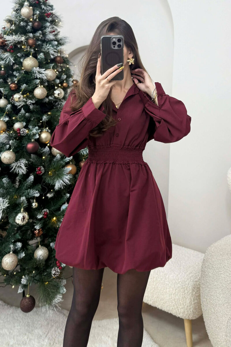 ELASTIC WAIST LONG SLEEVES SHORT WOMEN DRESS BURGUNDY/VISHNJE - 2