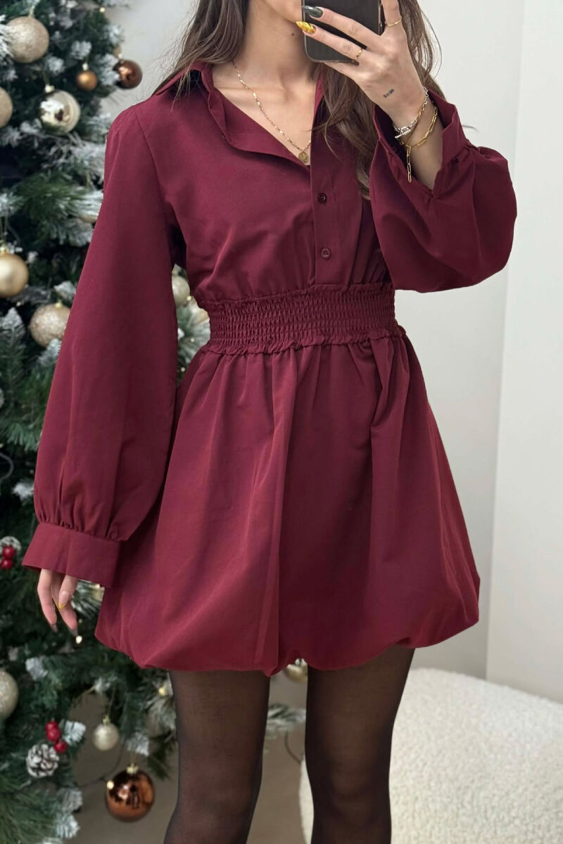 ELASTIC WAIST LONG SLEEVES SHORT WOMEN DRESS BURGUNDY/VISHNJE - 4