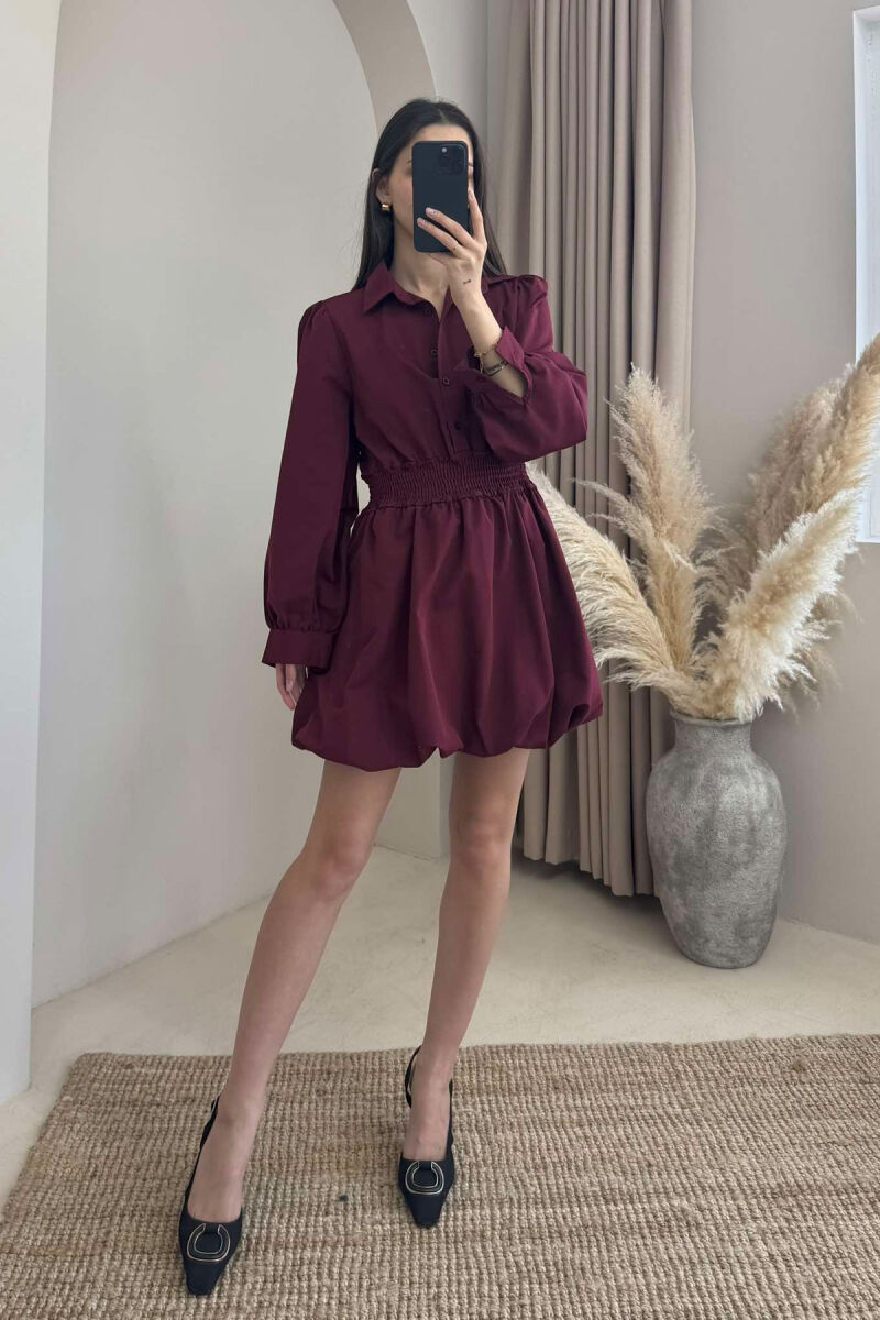 ELASTIC WAIST LONG SLEEVES SHORT WOMEN DRESS BURGUNDY/VISHNJE - 1