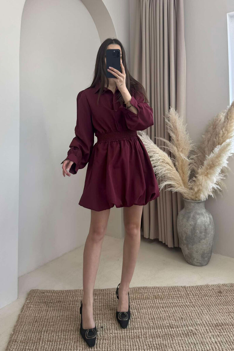 ELASTIC WAIST LONG SLEEVES SHORT WOMEN DRESS BURGUNDY/VISHNJE - 2