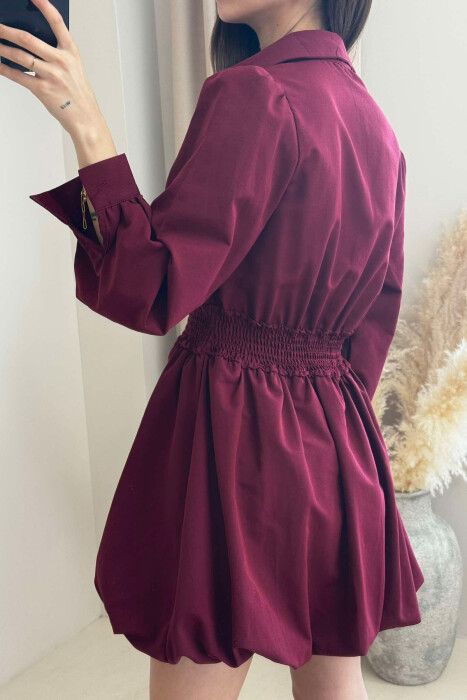 ELASTIC WAIST LONG SLEEVES SHORT WOMEN DRESS BURGUNDY/VISHNJE - 4