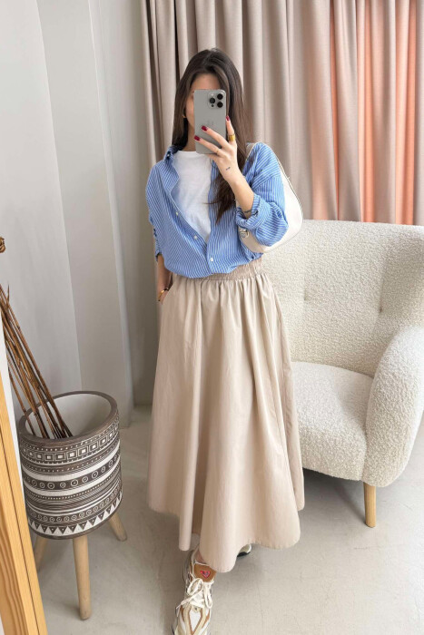  ELASTIC WAIST LONG WOMEN SKIRT IN BEIGE COLOR 