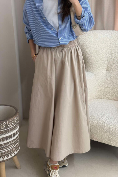  ELASTIC WAIST LONG WOMEN SKIRT IN BEIGE COLOR - 3