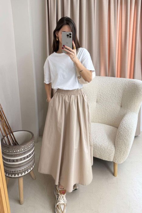  ELASTIC WAIST LONG WOMEN SKIRT IN BEIGE COLOR - 5