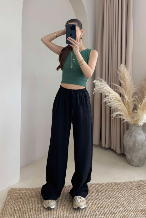 ELASTIC WAIST ONE COLOR SIMPLE WOMEN TROUSERS BLACK/ E ZEZE - KLAUDIO FASHION